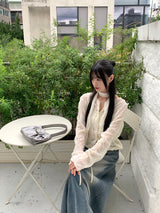 Glo wedding guest look lace pleated string long sleeve blouse