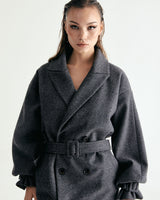 UNISEX BELTED WOOL DOUBLE COAT W - SHARKSKIN DARK GRAY (6636059689078)
