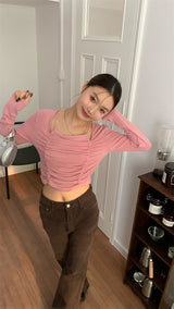 Must-have shirring long-sleeved T-shirt