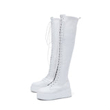 Platform Lace-Up Long Boots(White)