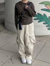 バイオウォッシングコットンワイドクリームカーゴパンツ / Bio-washing Cotton Wide Cream Cargo Pants
