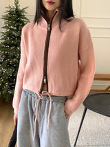 LB wool color combination ribbed string knit zip-up