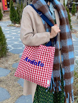 Porto check pattern bag picnic check cotton cloth bag cross shoulder tote bag L size