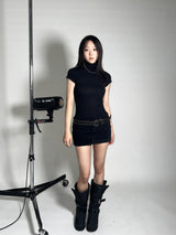 Padded fur belt long-boots (Black)