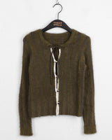 Chinco Green Striped Strap Crop Long Sleeve Cardigan