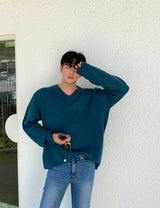 Drop Shoulder V-Neck Knit Top (6686093574262)