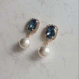 Elegant Oval Crystal and Pearl Piercing - Deep Blue