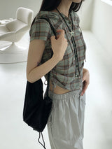テユストリングシャーリングリネンチェックフードシャツカミス / Teyu String Shirring Linen Check Hooded Shirt Camis