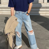 ニーカッティングワイドデニムパンツ