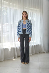 chess flower Jacquard 100%wool cardigan_new denim (6655892684918)