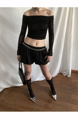 メッシュシャーリングシースルーオフショルダーブラウス