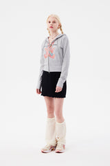 (X) WITTY BUNNY SPLIT GRAPHIC CROP HOODIE ZIP UP [MELANGE GRAY]
