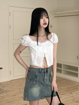 Poppy Vintage Lace Puff String Cropped Short Sleeve Blouse