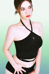 2ウェイホルタースパンクロップスリーブレストップ/2-way halter span crop sleeveless top (black)