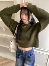 Pler Round-neck  Shoulder Slit Long-Sleeved Knit