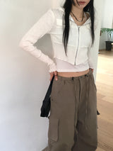 Fixer ribbed pocket cropped hooded zip-up