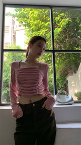 Must-have shirring long-sleeved T-shirt