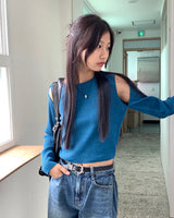 Codill V-neck Coloring Shoulder Slit Cropped Long-Sleeved Knitwear