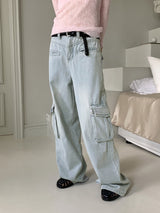 Washed Pocket Cargo Light Blue Long Wide Denim Pants