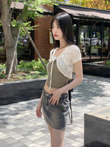 バターシースルーバタフライ刺繍ストリングクロップド半袖カーディガン / Butter see-through butterfly embroidery string cropped short-sleeved cardigan