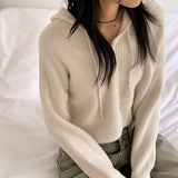 Laini button crop long sleeve hoodie knit cardigan