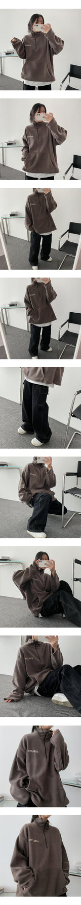 Teak embroidery fleece half zip-up sweatshirt