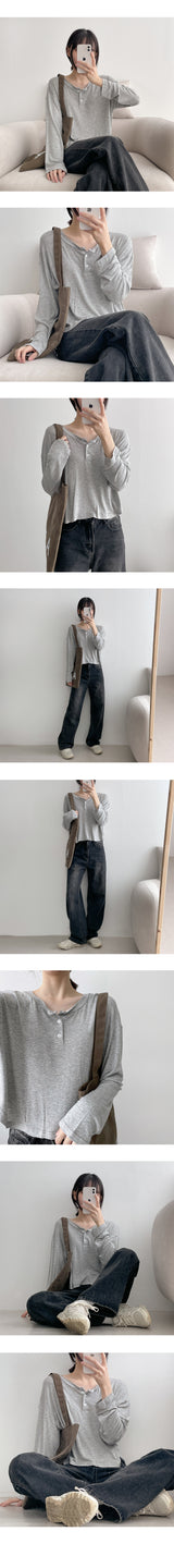 アンティークチャランスパンデックスボタン長袖Tシャツ / antique chalan spandex button long-sleeved T-shirt