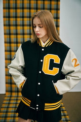 Big Patch Black Ivory Baseball Jacket / Varsity Jacket