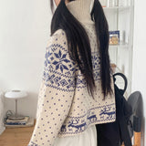 Sikok Snow Flower Nordic Pattern Two-Way Knit Zip-Up Cardigan