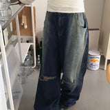 Tiso Damage Back-Banding Washed Denim Long Wide Pants