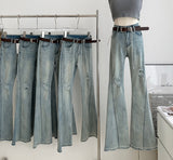 Belted light blue bootcut denim pants