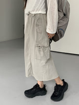 コットンポケットカーゴストリングバックオープンバンディングロングスカート /Mark cotton pocket cargo string back open banding long skirt