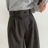 [High Waist] ウェストマークボタン付ピンタックスラックス