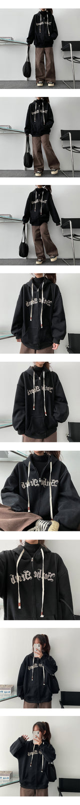 [Fleece] Vintage Lettering Hooded Zip-Up