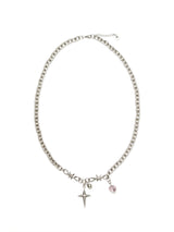 クロスピンクキュービックハートサージカルネックレス / CROSS PINK CUBIC HEART SURGICAL NECKLACE SILVER