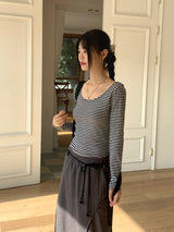 TL Striped Deep U-Neck Long Sleeve T-Shirt
