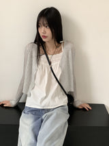 リーミングサマーシースルーワンボタンクロップ長袖カーディガン【6色】/[6 colors] Leoming summer see-through one-button cropped long-sleeved