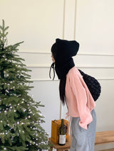 LB wool color combination ribbed string knit zip-up