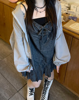 モリガールコットンデニムリボンスリーブレス / Morigirl cotton denim ribbon sleeveless