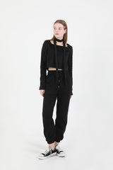 Square Neck Fur Knit T-shirt Muffler Set Black