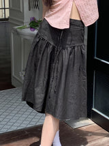 リボンひも ベルト 裏バンディング インディゴ デニム フレア ミディ スカート /Sage Ribbon String Belt Back banding Indigo Denim Flare Midi Skirt