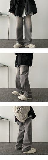 Lone washing side banding denim wide pants