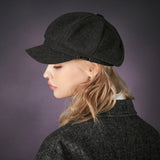 Bold metal tip wool herringbone newsboy cap charcoal