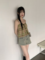 リペンチェックカップ付きシャーリングリボンストリングキャミソール / Lipen Check Cap-Included Shirring Ribbon String Sleeveless
