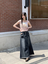 リワンピンクシースルーレースリボンスクエア半袖Tシャツ / Liwan Pink See-through Lace Ribbon Square Short Sleeve T-shirt