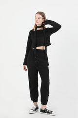 Square Neck Fur Knit T-shirt Muffler Set Black