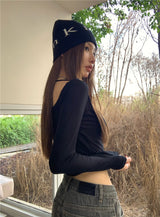Black off-the-shoulder backless top