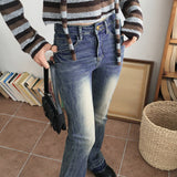 Kimun Y2K crack washed gold embroidery long bootcut denim pants