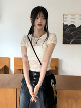 レイヤードシースルーレースパフ半袖Tシャツ/Poel layered see-through lace puff short sleeve T-shirt