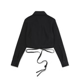 Crop Lace-Up Ribbon Shirt [BLACK] (6618554859638)